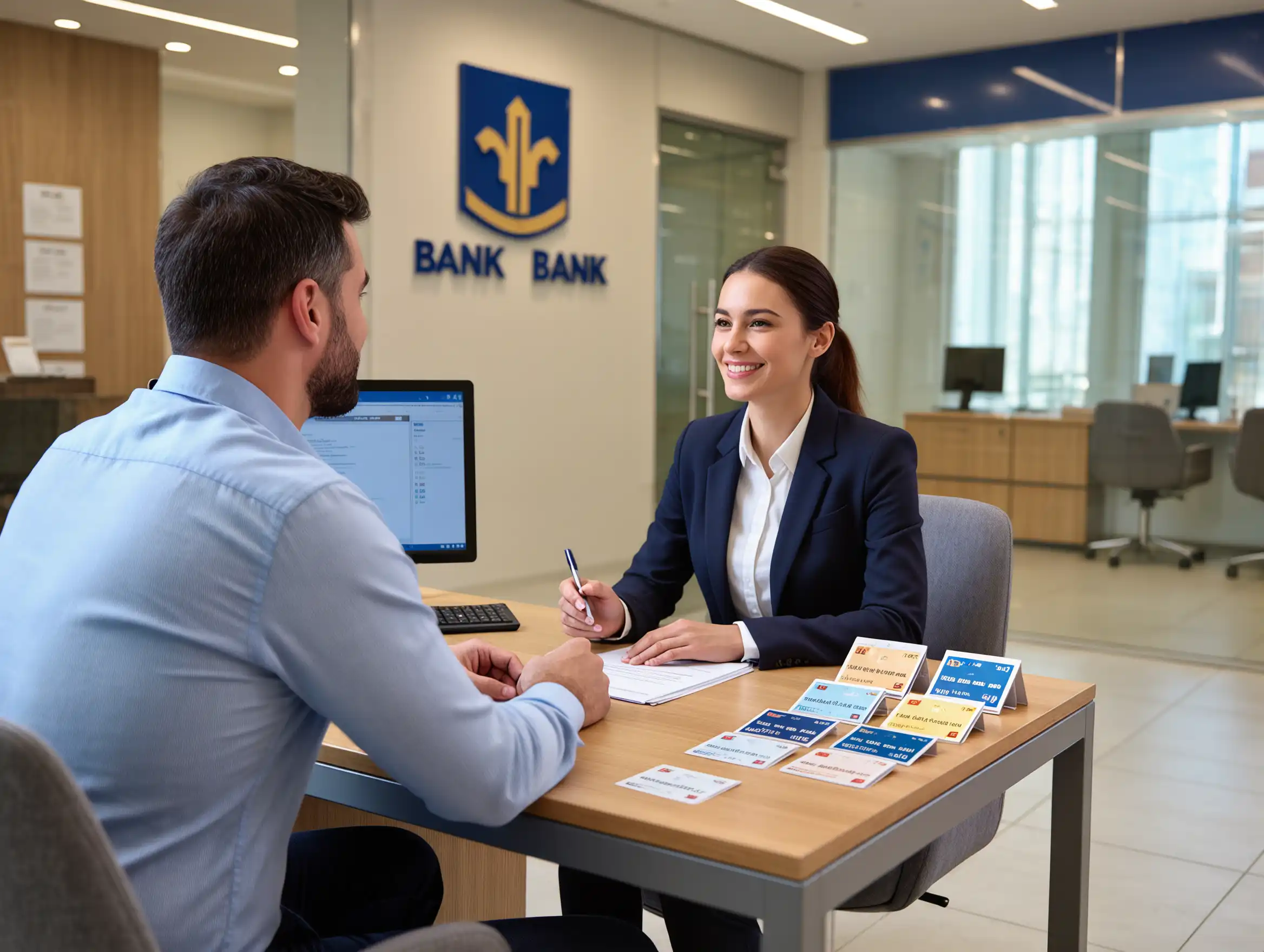 A customer discussing credit and debit card options with a bank clerk in a Turkish bank.