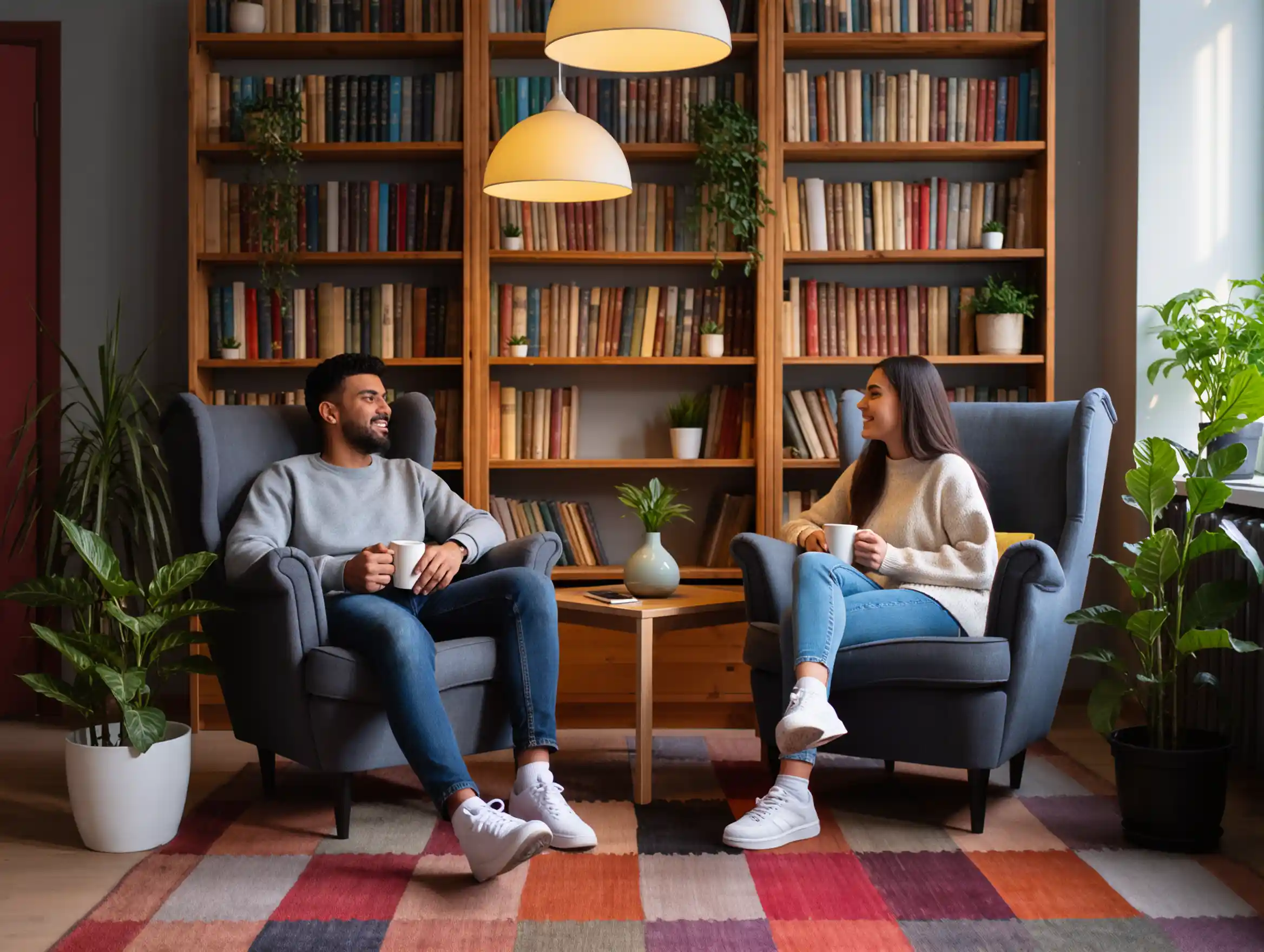 "Two students enjoying coffee in a cozy student house in Turkey."
