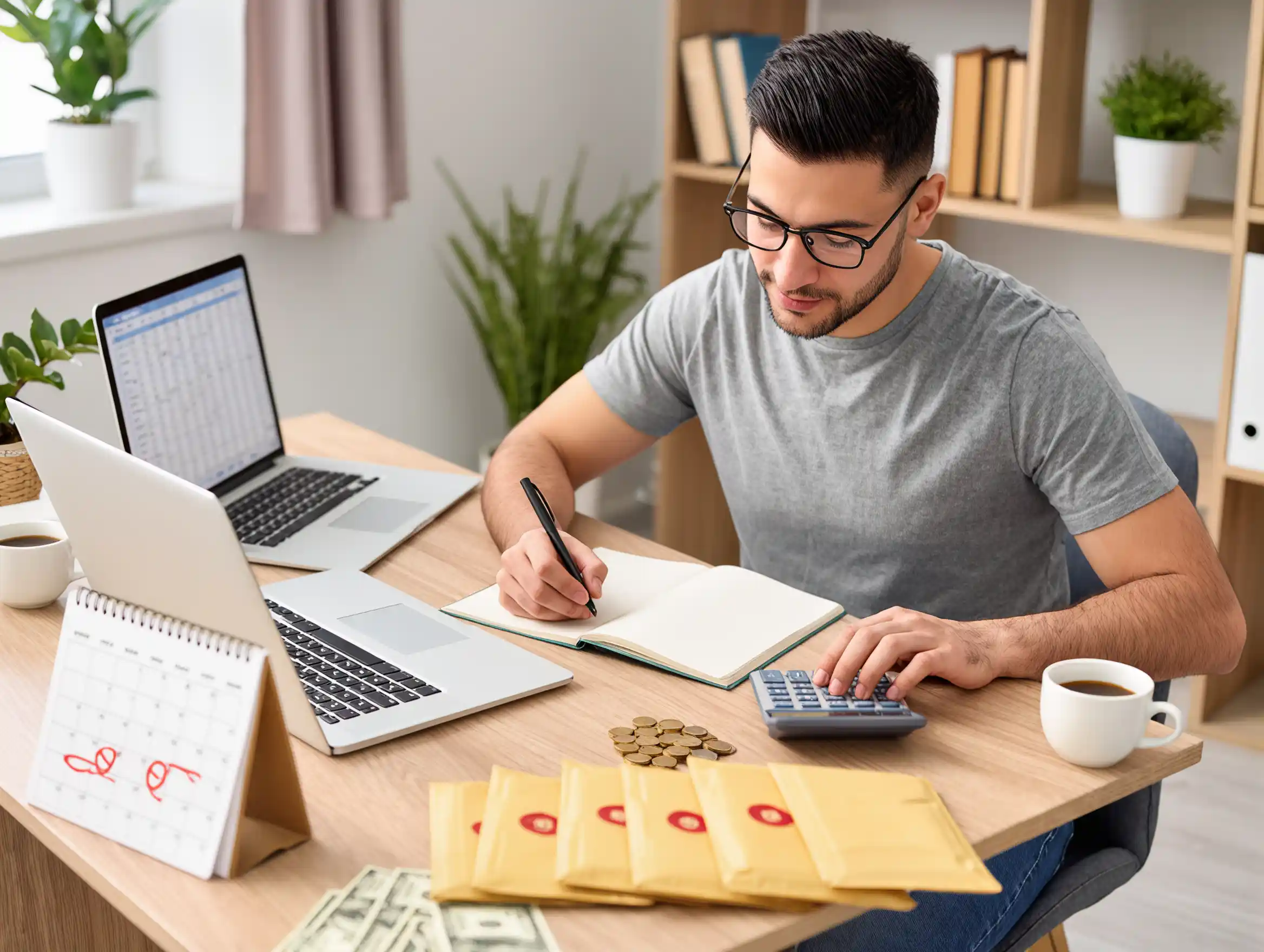 Young person budgeting expenses with Turkish lira banknotes and calculator on a wooden table.
