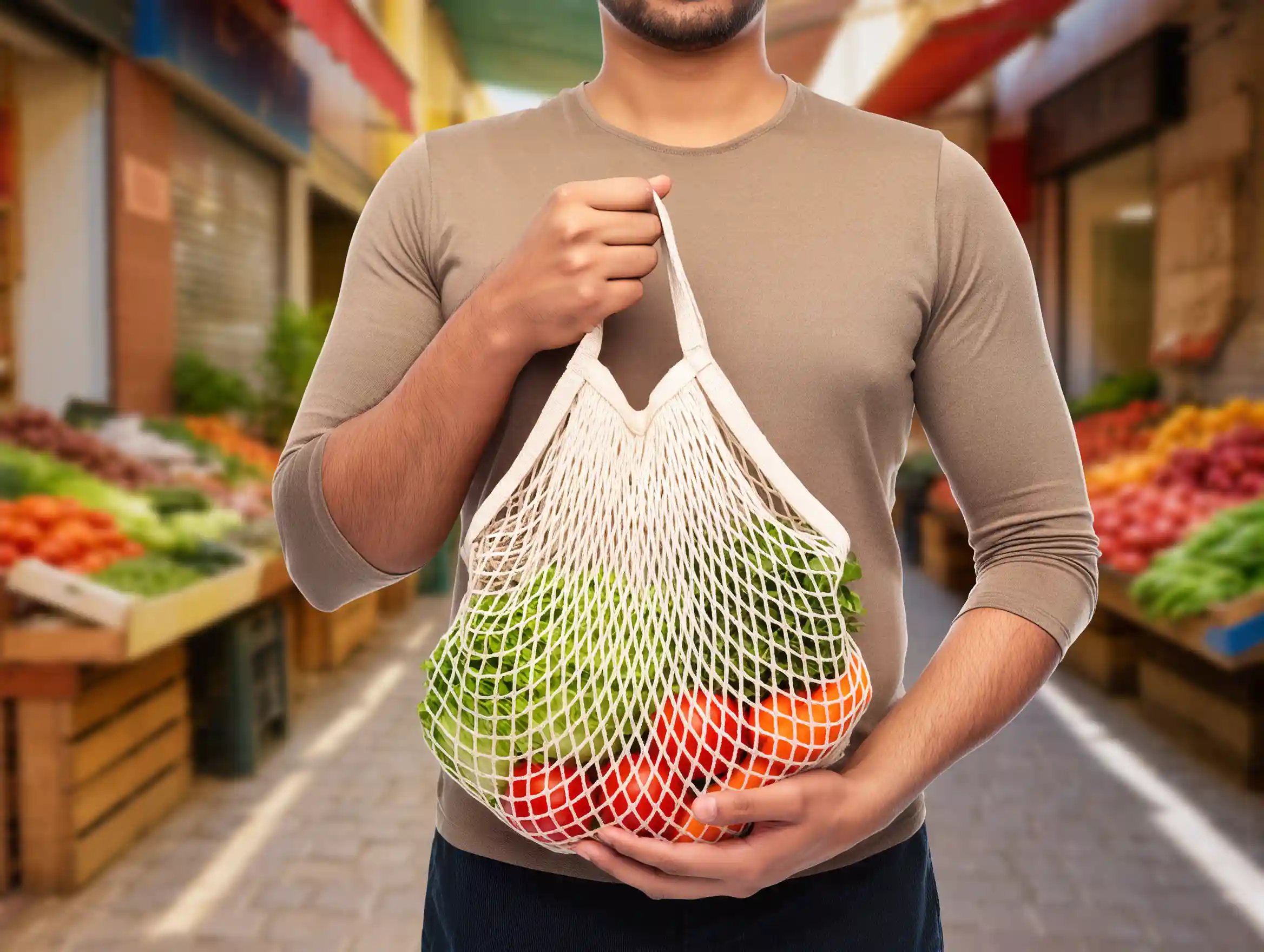 Vibrant Turkish local market scene with colorful spices, textiles, and shoppers