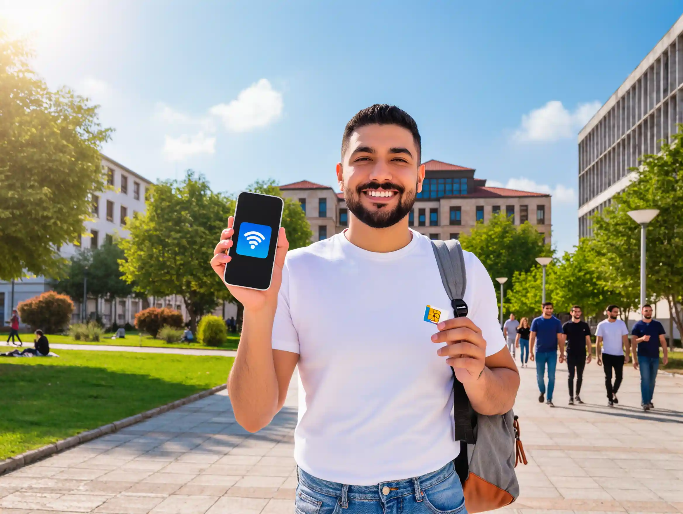 International student using SIM card on Turkish campus.