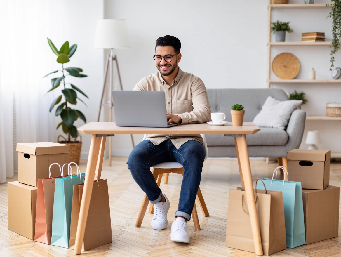 A happy person shopping online on a laptop at home with delivery boxes and shopping bags around.
