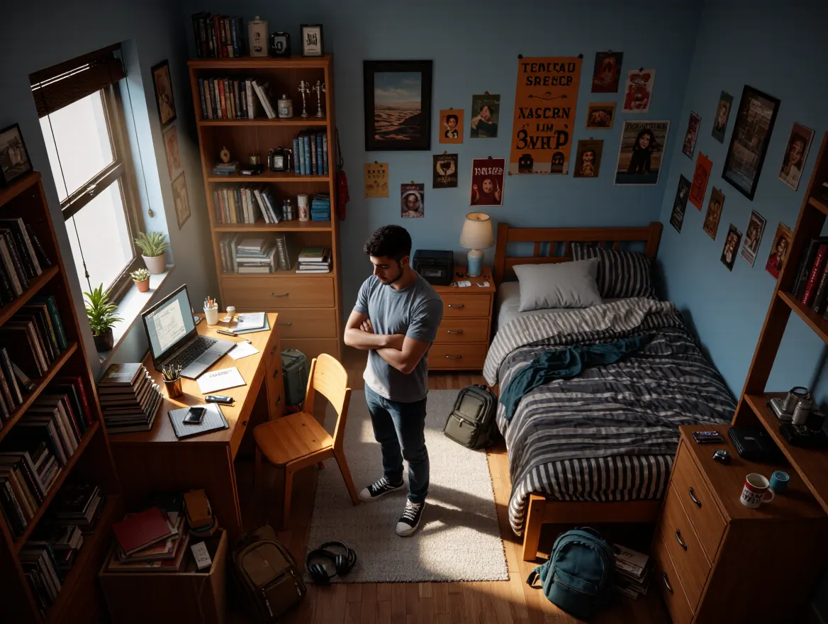 University student facing crowded dorm room and accommodation challenges