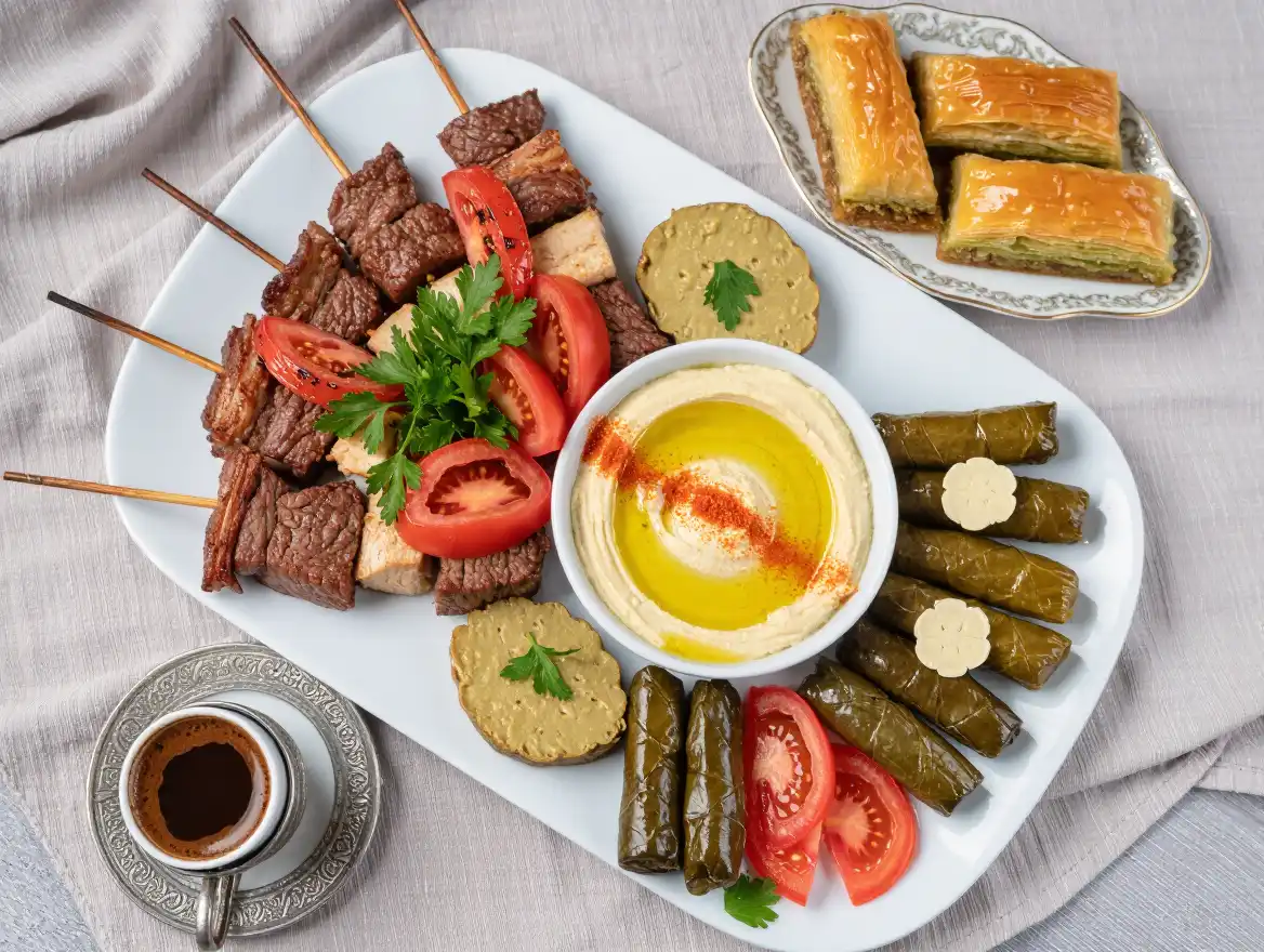 Traditional Turkish food plate with kebab, rice, and mezze