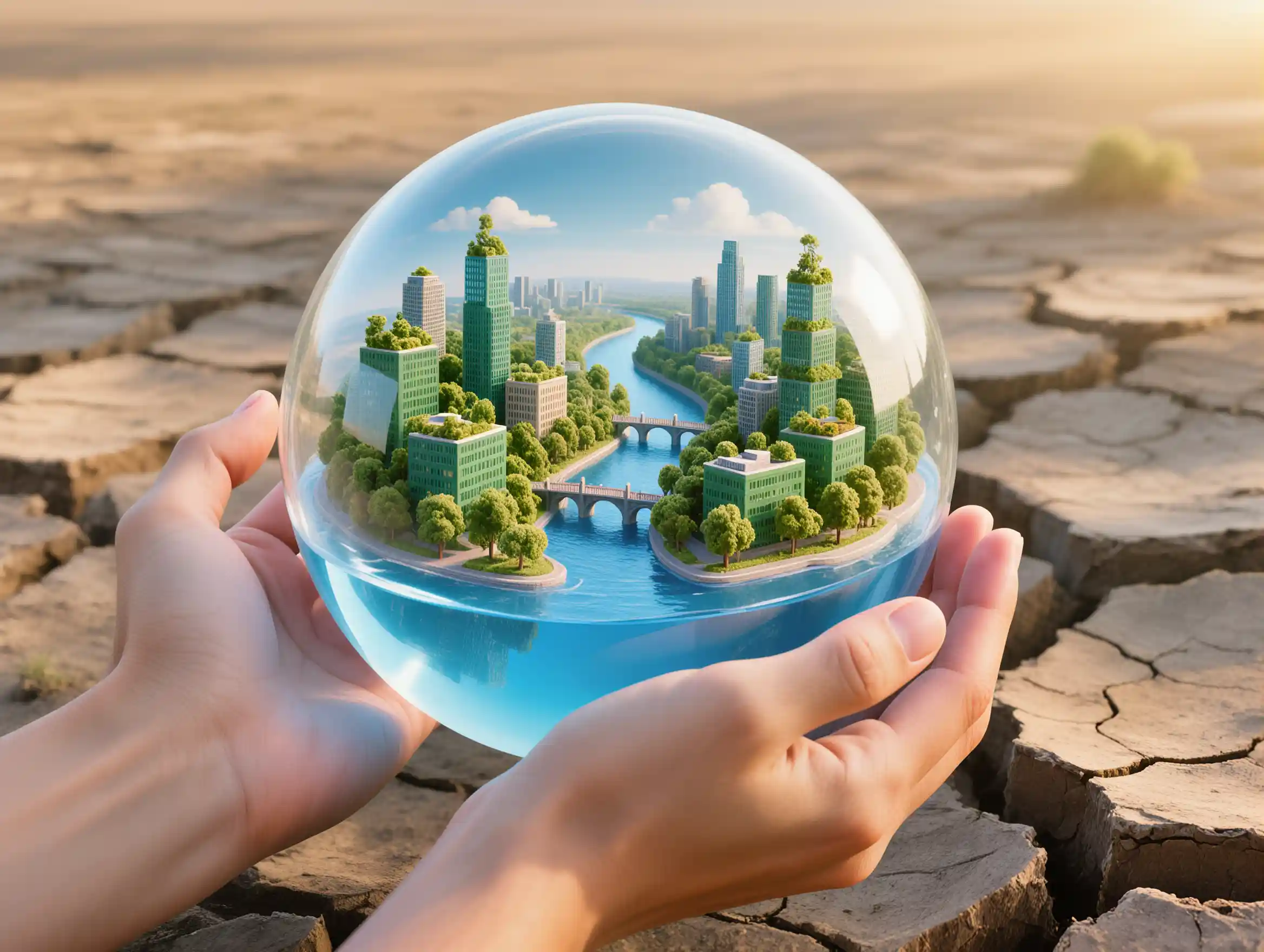 Hands holding a glass sphere with water and a green city inside, surrounded by dry land, symbolizing water conservation.
